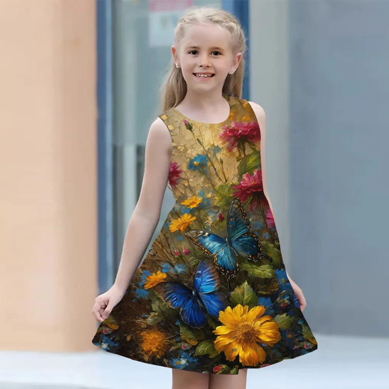 Summer Girl Dress 2024 Kids Clothes Sleeveless O-neck Floral Butterfly 3D Print Princess Dresses For Girls From 2 To 7 Years Old