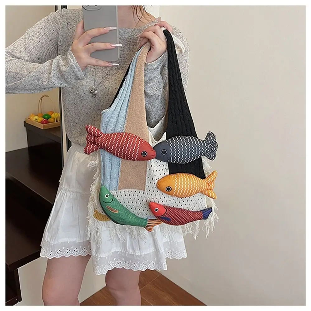 

Foldable Summer Cotten Crochet Shoulder Bag Fish Large Capacity Tassels Beach Handbag Fashion Simple Tote Bag Girls