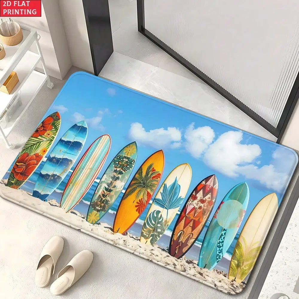 Two-Dimensional Flat Surfboard-Themed Doormats Made Of 700Gsm Material, Featuring A Non-Slip Design Suitable For Bathrooms. These Microfiber Absorbent Rugs Are