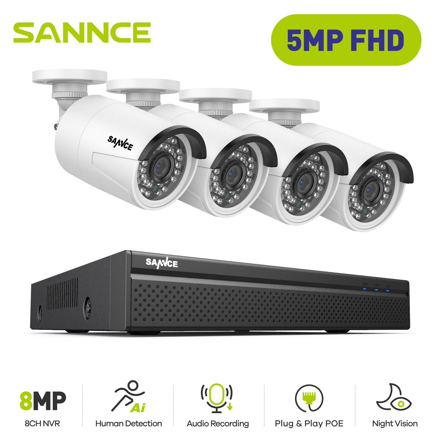 SANNCE 8CH 5MP HD POE Video Security Surveillance Cameras System 4PCS 8MP IP Cameras Outdoor Weatherproof Home CCTV NVR System