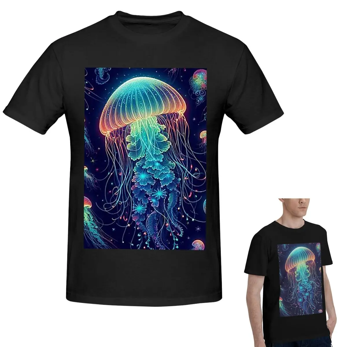 

100% Cotton Luminescent Rainbow Jellyfish On Navy Blue T-Shirt Men's Classic Oversized T Shirt Men O-Neck Summer Shirts Tops