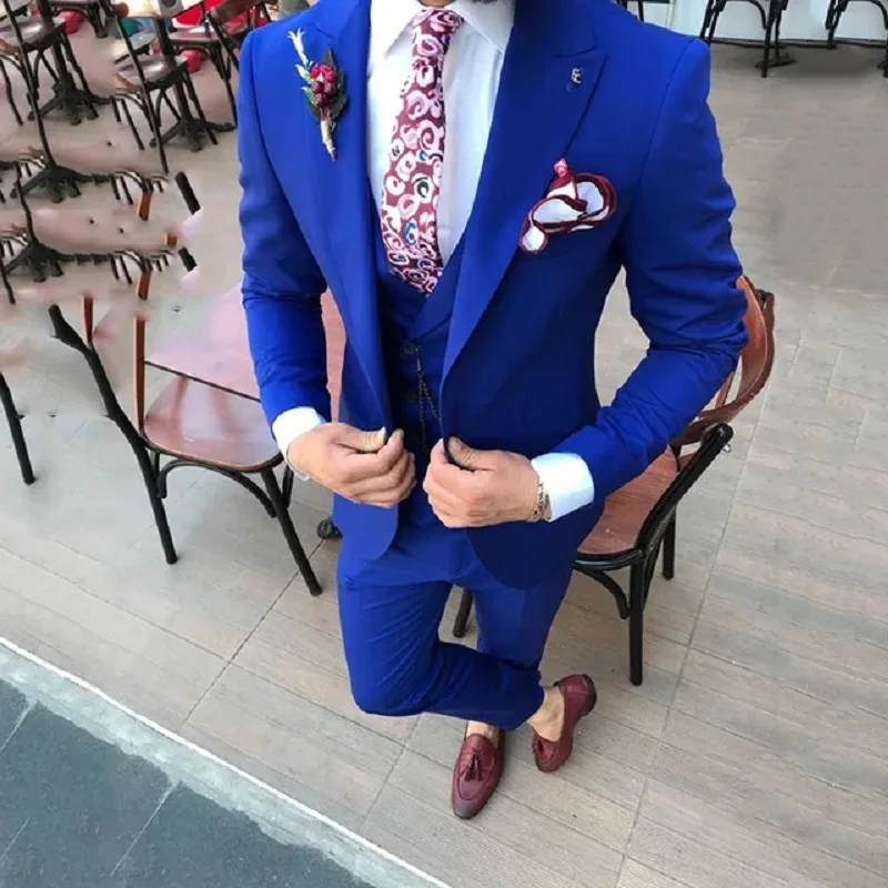 

Mens Wedding Tuxedos Tailor Made Peaked Lapel Ternos Masculino Slim Fit Men Blazer Jacket Pants Vest Male Suit 3 Piece