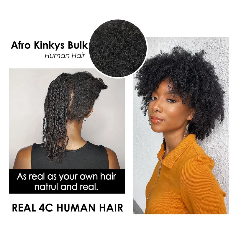2 Pcs 60gram Afro Kinky Hair Extension Afro Kinky Curly 100% Human Hair Bulk For Braiding Twists Hair For Micro Twist