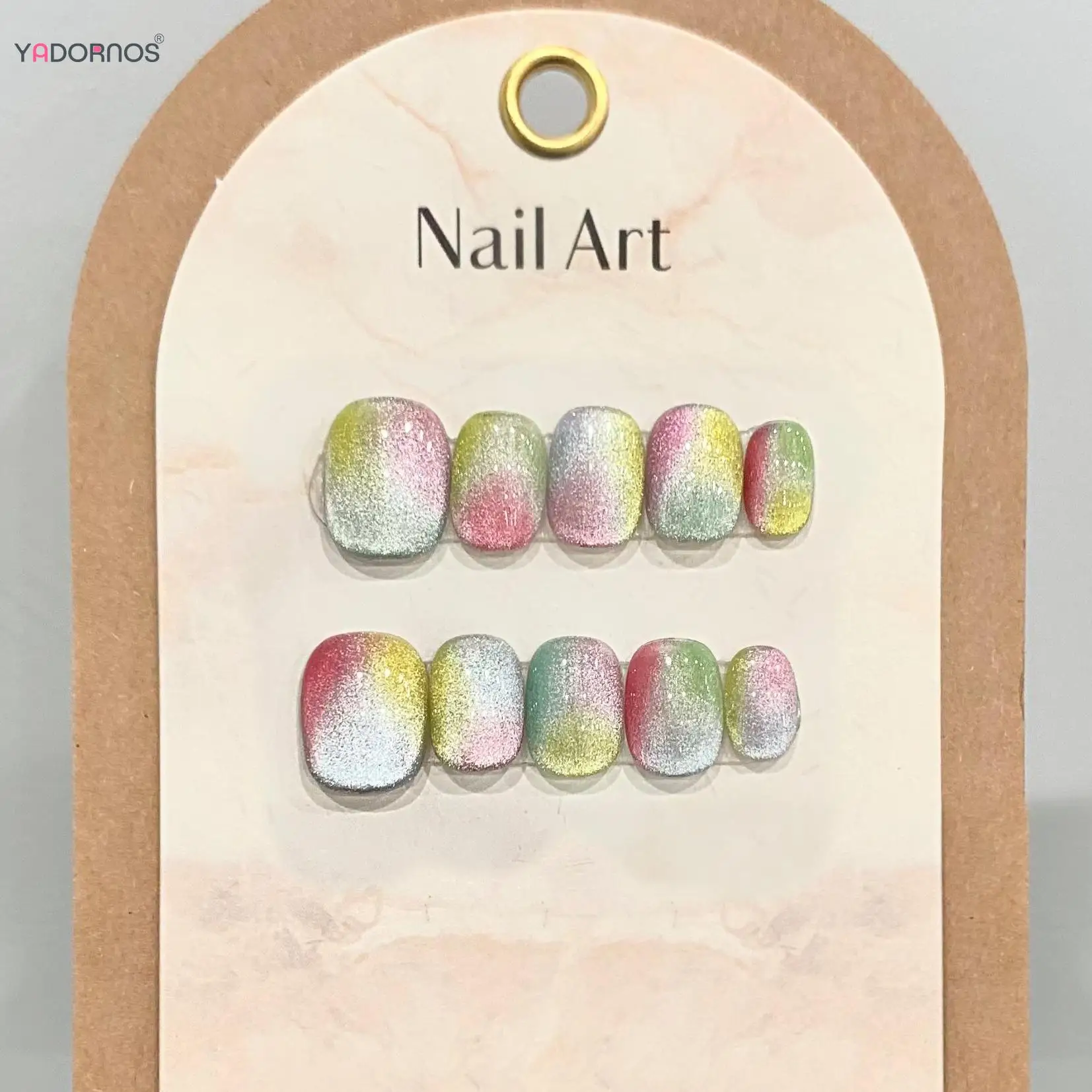 

10Pcs Handmade Fake Nails Colorful Cat's Eye Press on Nails Short Round Head Wearable False Nails Tips DIY Manicure for Women