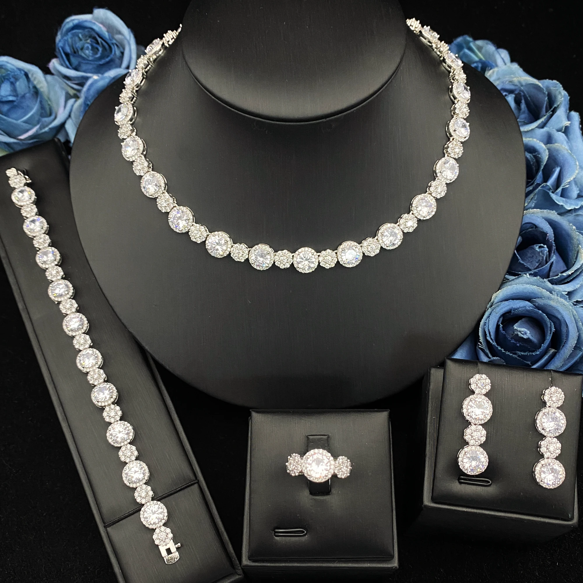 

JRH 2025 New Luxury 4Pc Set Platinum Plated Brass Zirconia Jewelry Set Bracelet Ring Necklace Earrings Sparkling Gift for Her