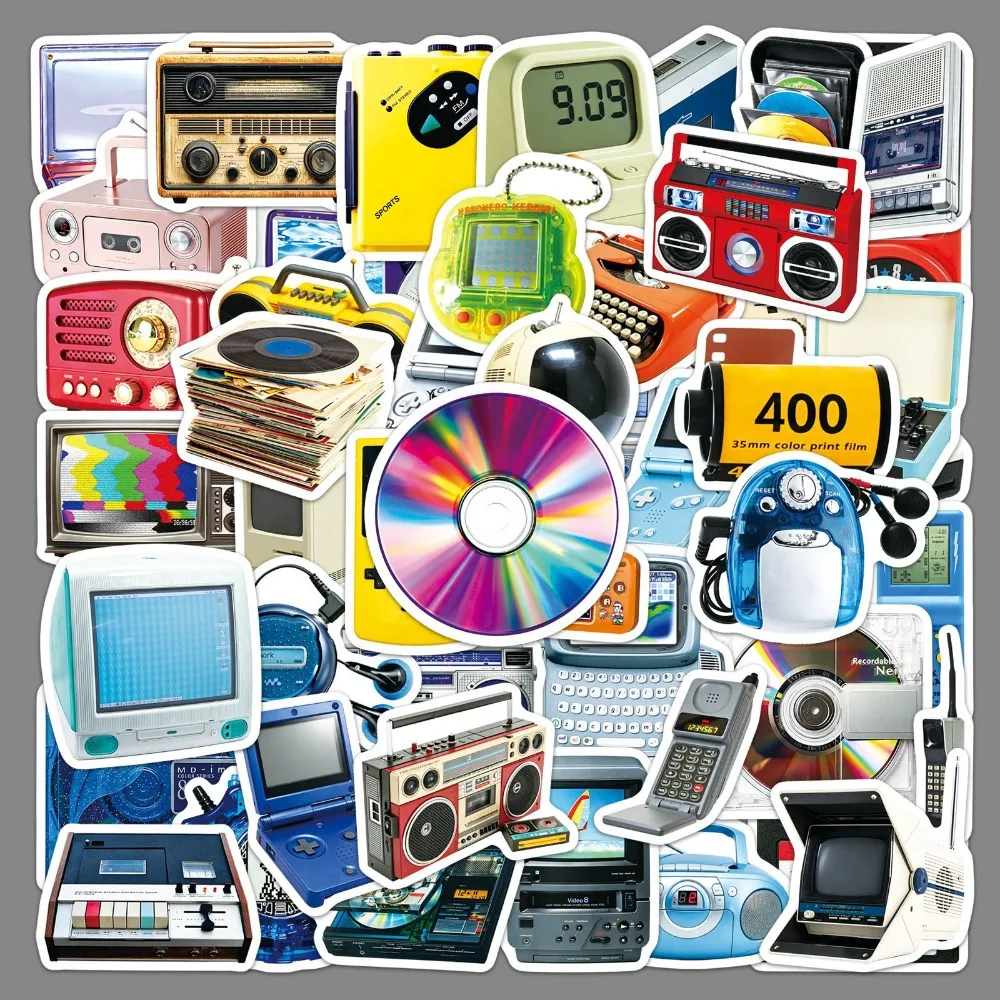 50Pcs Retro Tech Graffiti Stickers Vintage Electronic Decals for Laptop Phone Helme, Old School Computer Vinyl Sticker Pack