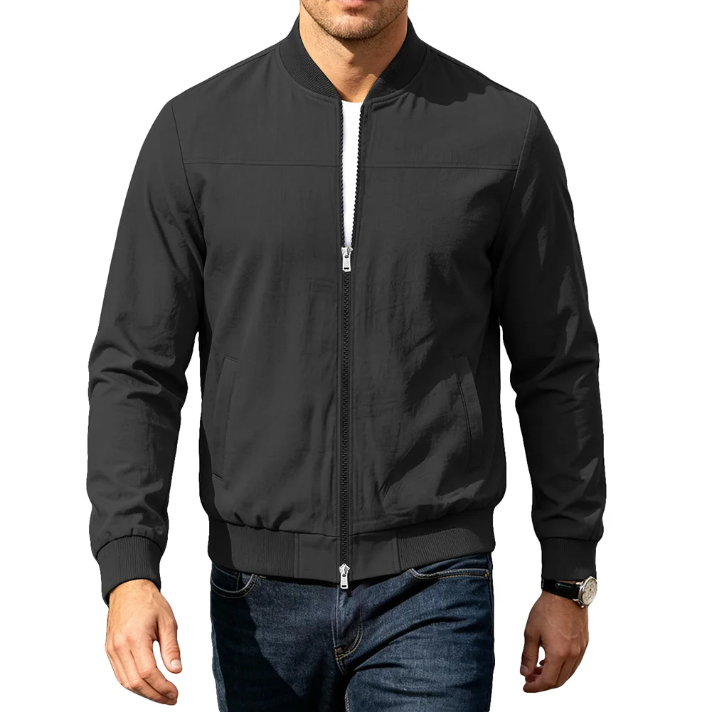 Solid Color Work Jacket Men Baseball Jacket For Office Wear Soft Touch Material Baseball Collar Design For Casual Work