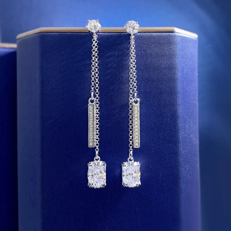 SpringLady 18K White Gold 8*6MM Oval Simulated Sapphire Gemstone Drop Earrings Fashion 925 Sterling Silver Wedding Party Jewelry
