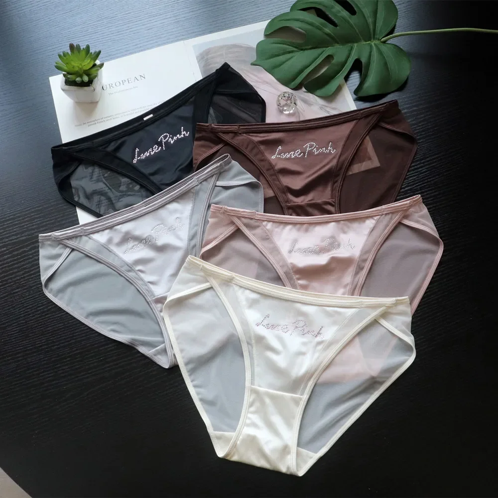 SP&CITY Sweet Gril Letter Rhinestone Sexy Underwear Low Waist Mesh Hollow Out Satin Panties for Women Soft Cotton Crotch Briefs