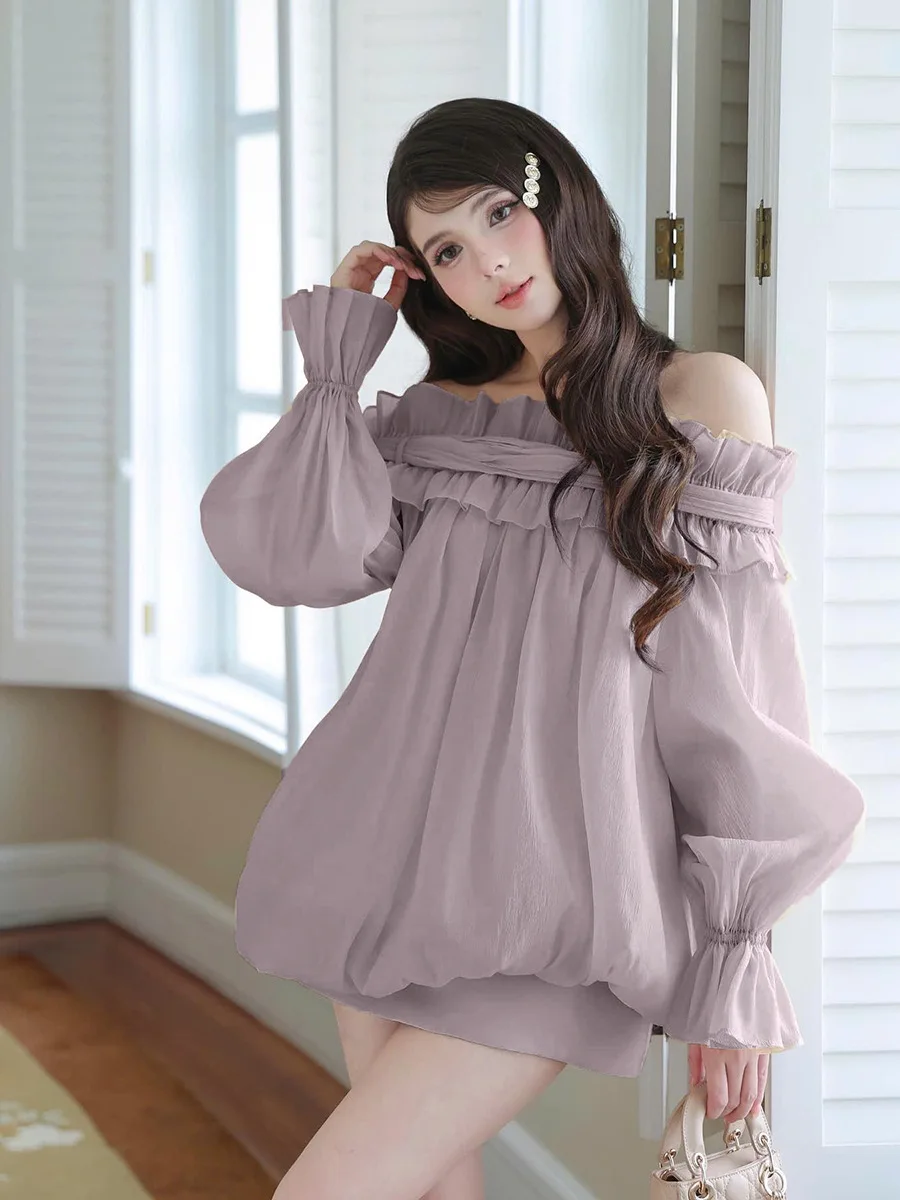 gestring Women Blouse Lotus Elegant Black Slash Neck Sexy Blouses Korea Ladies Blouses Free Shipping 2025 Party