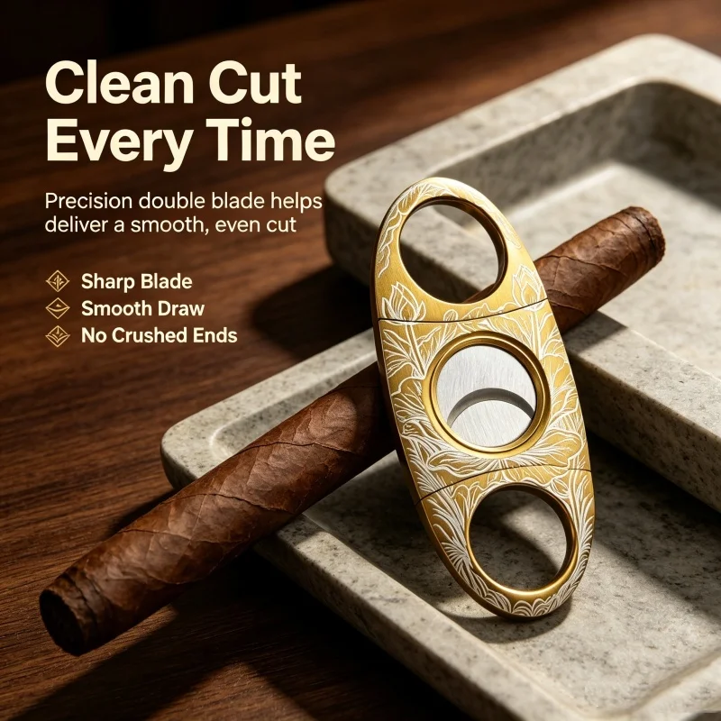Vintage Lotus Engraved Cigar Cutter Sharp Dual Stainless Blade Ergonomic Hand Clipper Premium Gift for Cigar Smokers