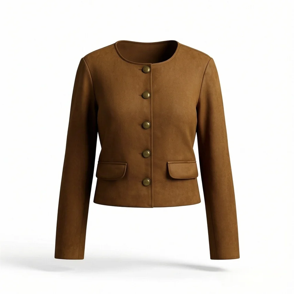 

Новая женская одежда 2026: укороченный замшевый жакет в стиле «маленький аромат», с круглым вырезом, длинными рукавами, на одной пуговице, простой и элегантный.