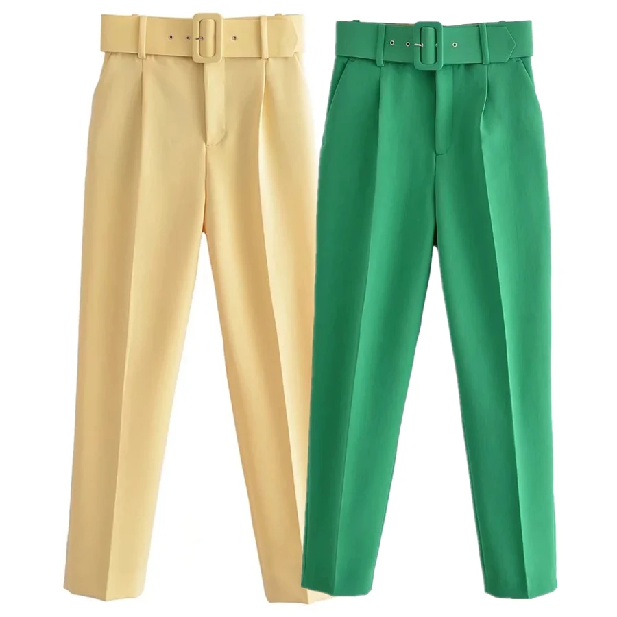 

Maxdutti Simple Loose Casual Trousers With Belt 2023 England Style Fashion Pure Color High Waist Straight Suits Pants Women