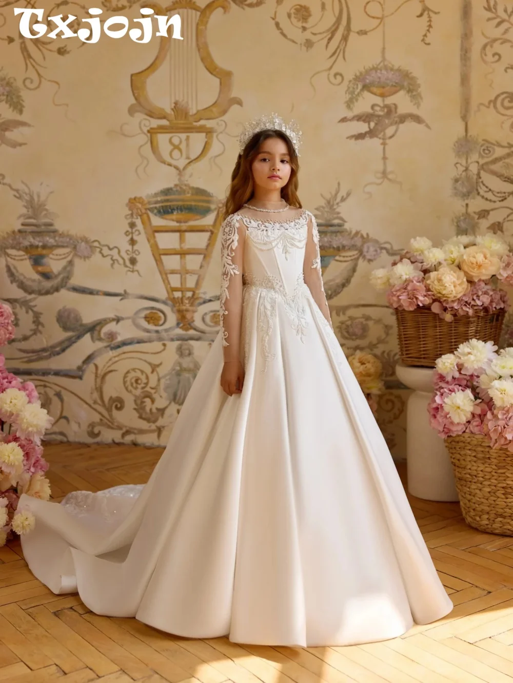 

2025 New Princess Dress Kids White Satin Ball Gown with Pearls Embroidery Tulle Long Sleeve Flower Girl Wedding Party Gown