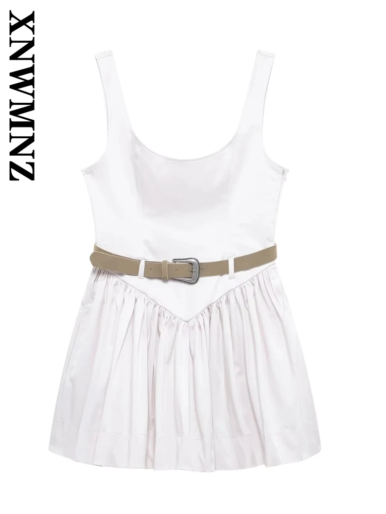 

XNWMNZ 2025 Summer New Woman Glamorous Dresses Mini Skirt Fashion Lady Sleeveless Square Collar Slip dress Regular Fit belt Thin