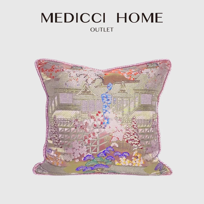 Medicci Home Japanese Decorative Cushion Cover Luxury Brocade Ancient Building Floral Jacquard Boutique Pillowcase Eastern Decor