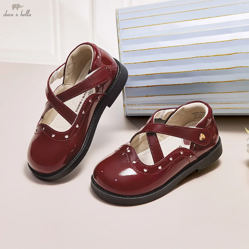 Dave Bella Children's Leather Shoes Autumn Girl's Retro Fashion Soft soled Red Anti slip Princess Shoes DB3252579