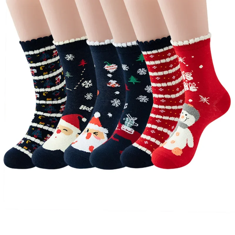 Pure-Cotton Christmas Stockings Mid-Calf Elk Three-Dimensional Adult Ears  Bear Cartoon Snowflake Socks Red Women's Socks 1PR