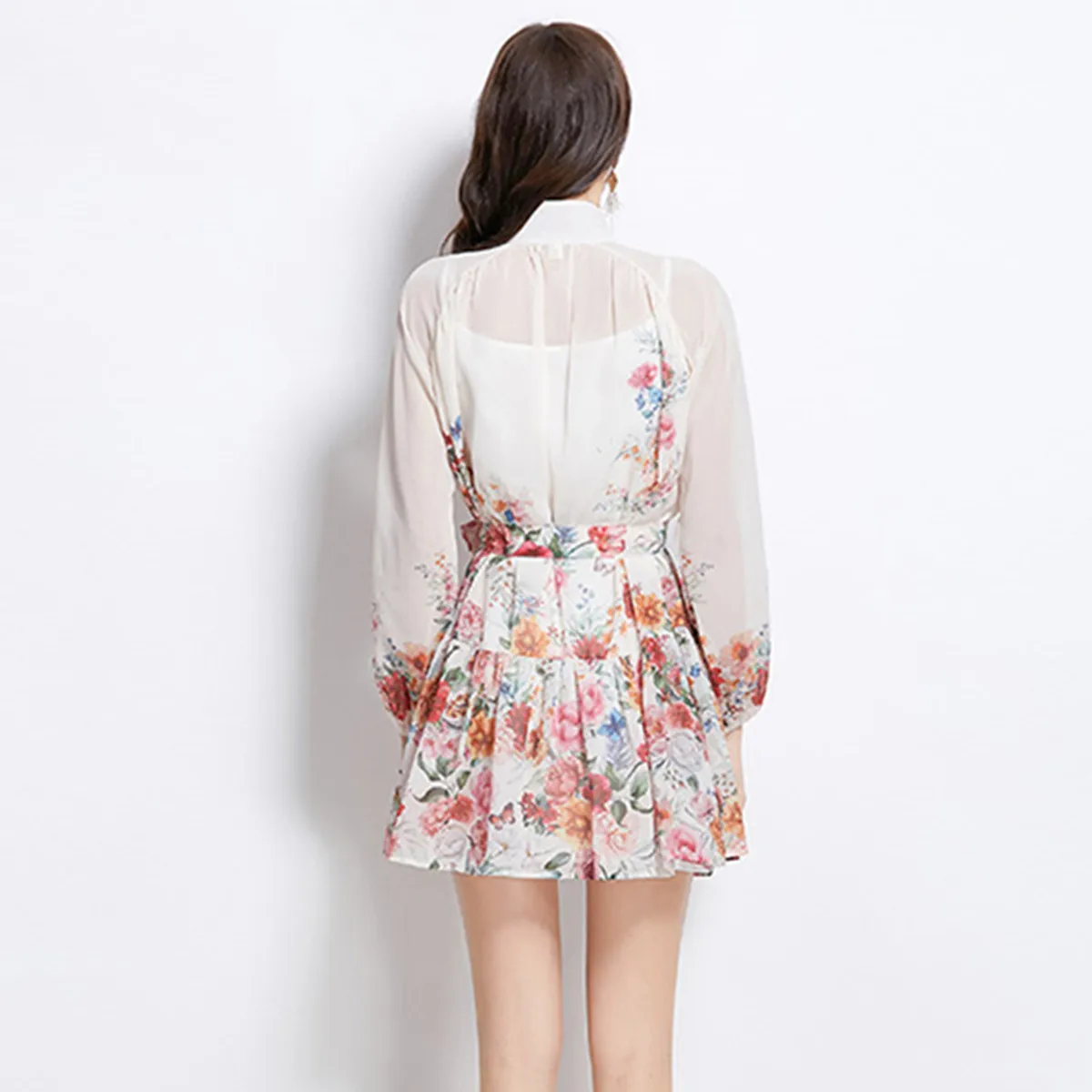 2025 Spring and Summer Vacation Women Clothing New Floral Oil Painting Style Printed Chiffon Standing Collar Short Dresses