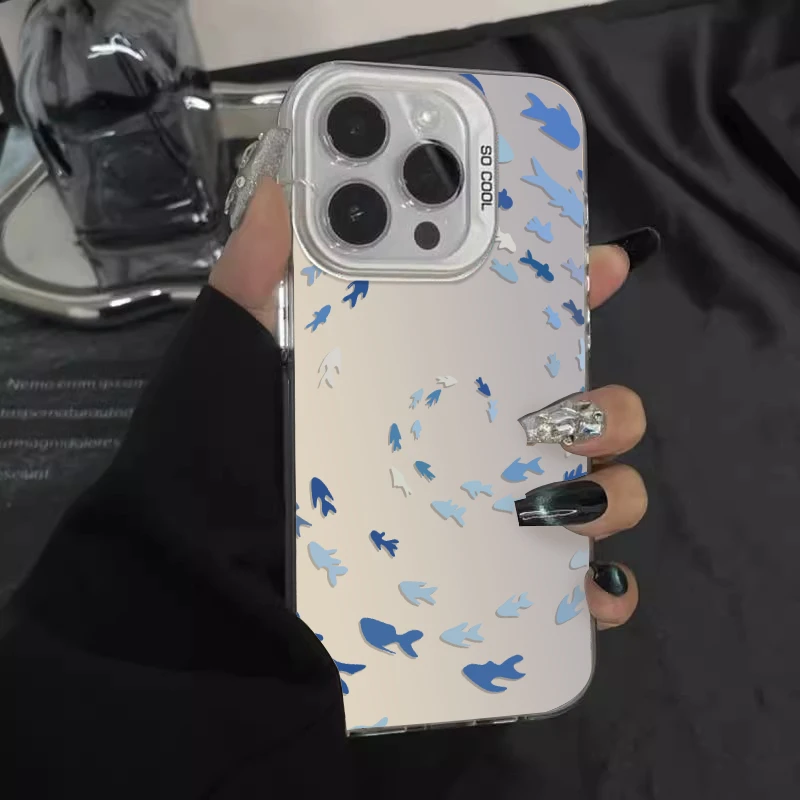 Rotating Fish Schools Pattern Phone Case For iPhone 16 15 14 13 12 11 Pro Max 16E XS X XR 7 8 16 Plus IMD Laser Hard PC Cover