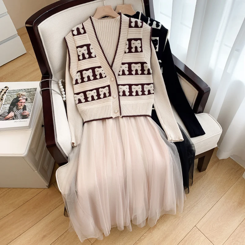 Women Autumn Two Piece Sets Ladies Outfits Korean Knitted Short Sweater Vest +  Patchwork Mesh Gauze Sweater Dress Sets