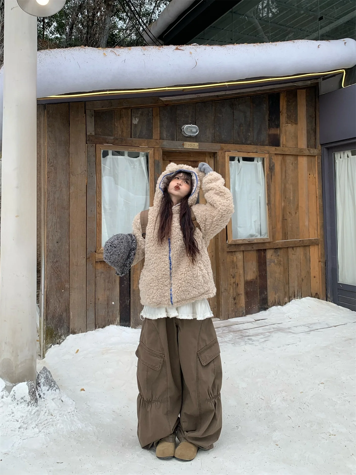 

Женское зимнее хлопковое пальто с капюшоном и медвежьими ушками в американском стиле, крутое хлопковое пальто, повседневное свободное пальто на молнии