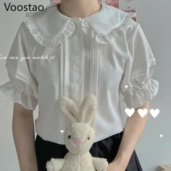 Japanese Sweet Lolita Style Blouses Women Kawaii Peter Pan Collar JK Shirts Girls Cute Ruffles Short Puff Sleeve Blusas Mujer