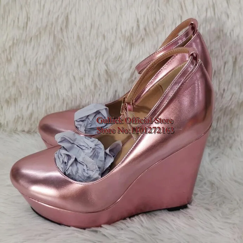 

Pink Fluorescent Metallic Leather Wedge Heel ShoesThick Platform Ankle Strap Pointed Toe Ultra Wedged Pumps