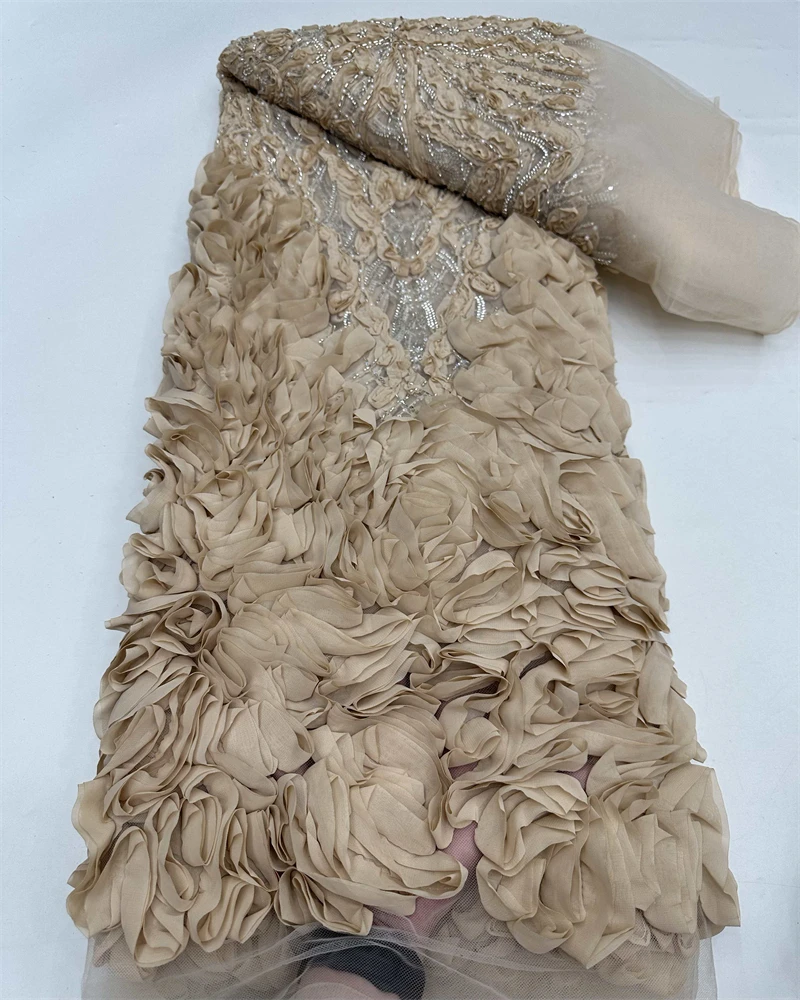 

High-Quality Handmade African Lace Fabric with Beads And Sequins for Wedding Dresses Fashionable Embroidered Party Wear