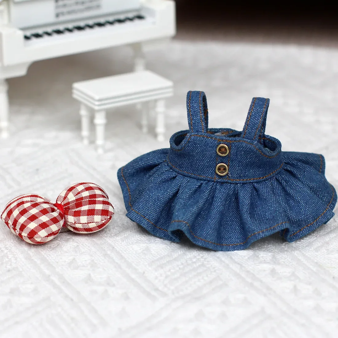 17 cm Labubu-Puppe, modisches Anzieh-Set, Jeansrock und Schleife, Ropa Labubu-Kleidungszubehör, V2/V1/V3, DIY Mini-Puppen-Outfits