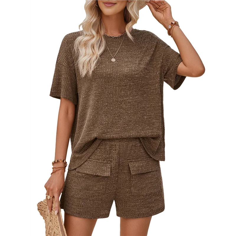 Abrt-shorts femininos combinando com bolsos de malha conjuntos outono em torno do pescoço 2 peças conjunto verão manga curta conjuntos lounge