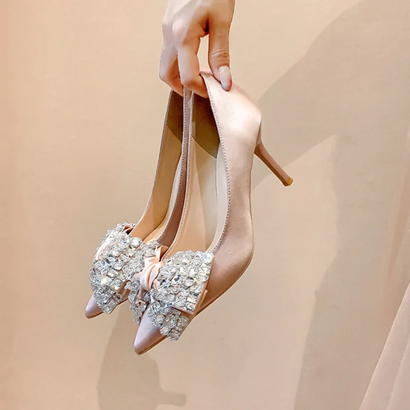 Black high heels, women's slim heels, 2024 new suede pointed toe style, versatile rhinestone French girls' single shoes