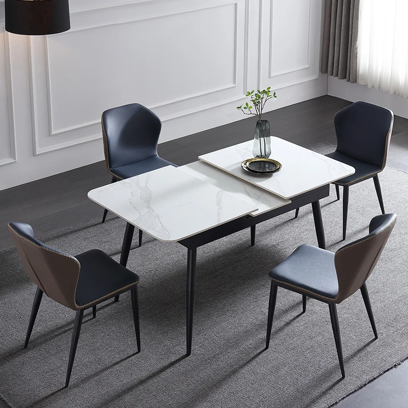 Sintered stone dining table is extendable for small apartments, a minimalist stretchable rectangular dining table for home use