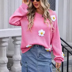 Casual Loose Knitted Pullover Sweater for Autumn/Winter Women's Pullers 2024 New O-neck Full Lantern Sleeves 3D Flower Sweater