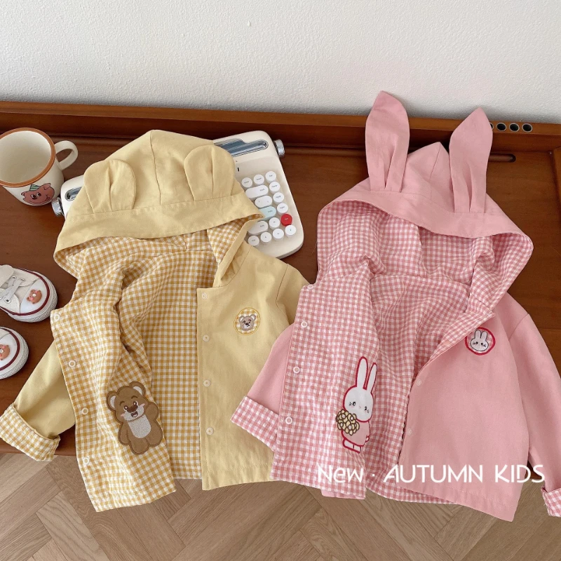 Double-sided Coat for Kids 0-5 Years Old Fall Boys and Girls Bear Hooded Coat for Kids Plaid Long-sleeved Top  Kids Jacket