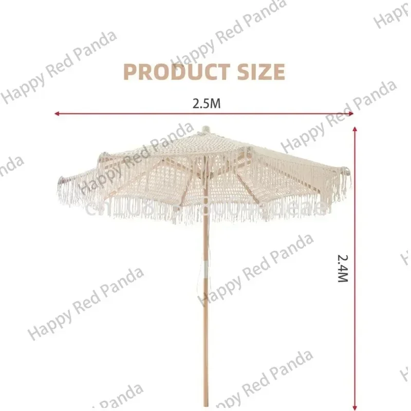 Cotton Rope Parasols 2.5M Wooden Pole Handmade Tassels Woven Canopy Beach Umbrella With Macrame Fringe