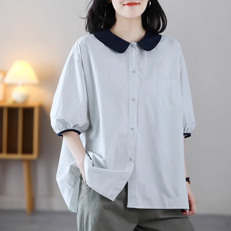 

Casual Collar Doll irt Women's Summer New Sle Faionable All-Match Slimming Large Size Five-Sve Collar irt