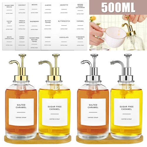 라벨 깔때기가 있는 커피 시럽 디펜서 세트, 재사용 가능한 유리 시럽 병, 투명 시럽 펌프 디펜서, 대나무 트레이, 500ml, 2 개