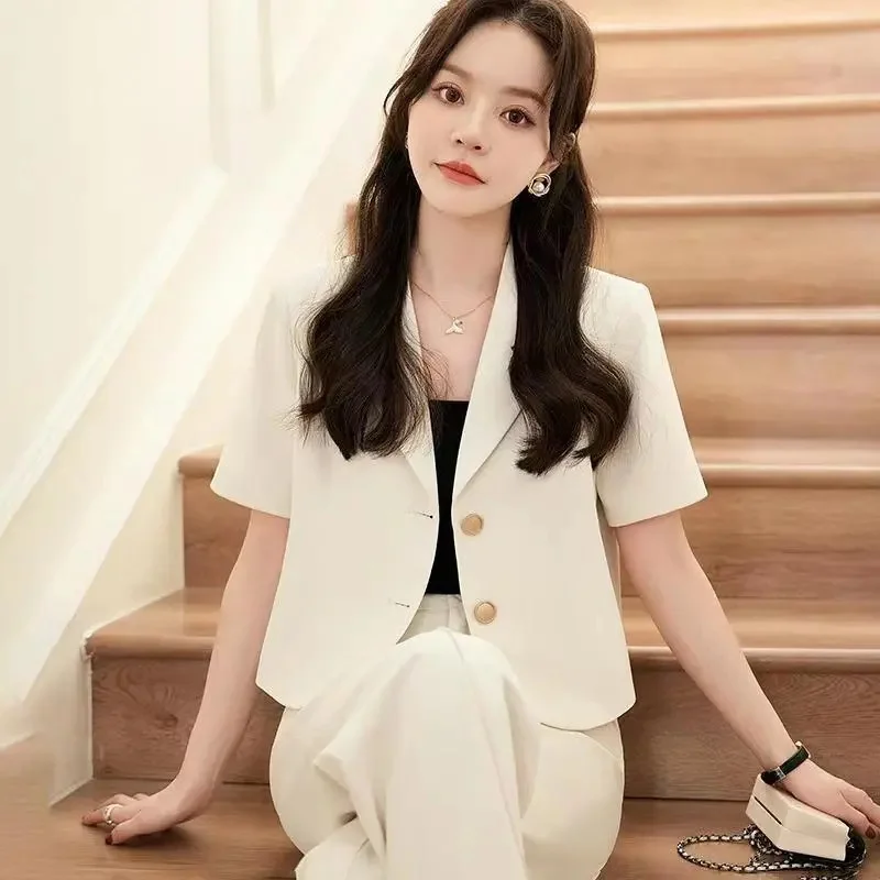 เสื้อสูทขนาดเล็กสําหรับผู้หญิง 2025 ชุดฤดูร้อนแขนสั้นเดินทางชิ้นเดียวความรู้สึกระดับไฮเอนด์เสื้อสูทสั้นสําหรับผู้หญิง