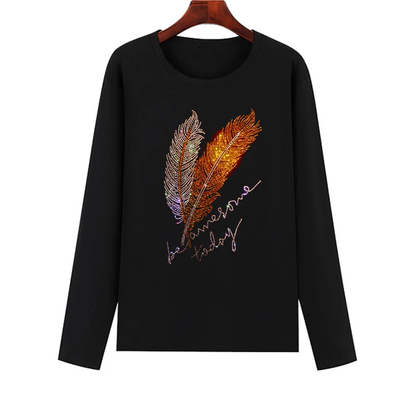 Hot hot diamond shiny leaf women's T-shirt Spring and Autumn long-sleeved round-collar casual T-shirt