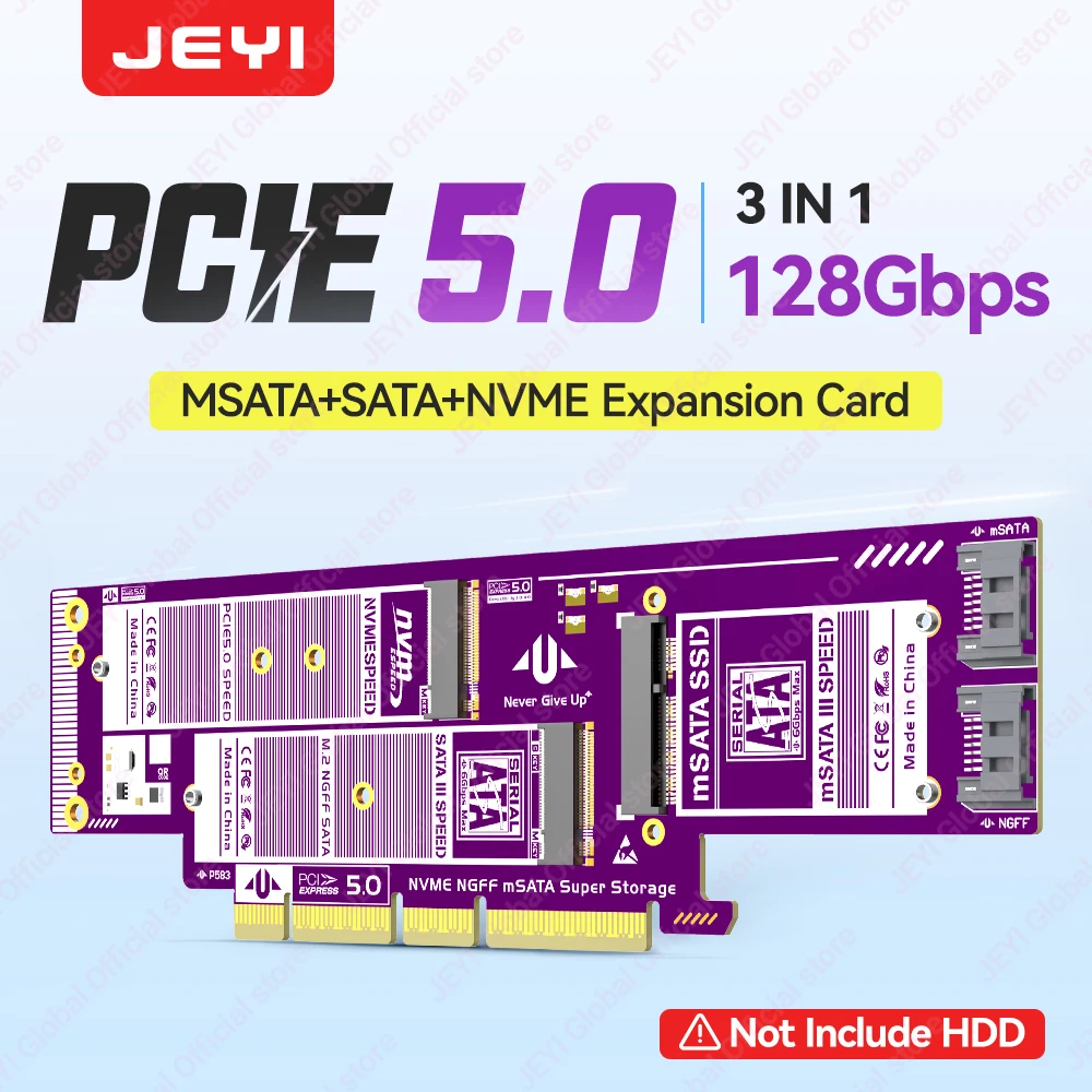 Adattatore JEYI 3 in 1 NVMe NGFF e mSATA SSD PCIe 5.0/4.0, Convertitore da M.2 NVME a PCIE/M.2 SATA SSD a SATA III/mSATA a SATA