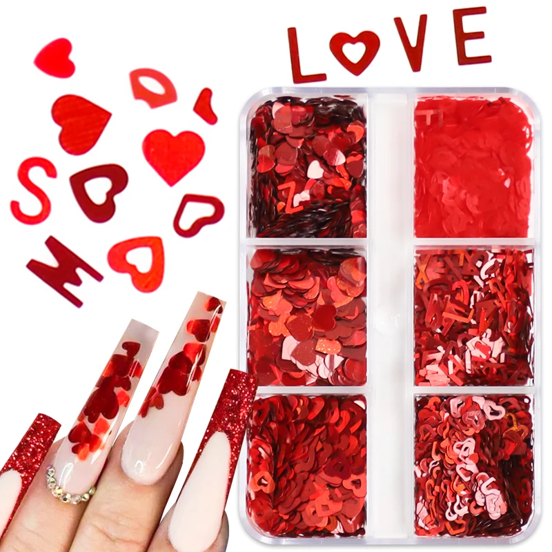 Mixed Nail Art Sequins Glitter Laser Red Love Heart Glitter Flakes Valentine's Day For Professionals Supplies Nails Accessories