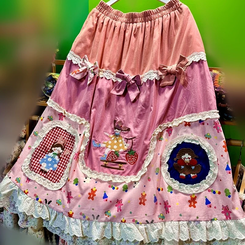 

Winter Fleece Vintage Patchwork Cartoon Ruffled Lace Long Skirt 2025 Female Sweet Bow Lolita Kawaii Retro Chic Korean Midi Skirt