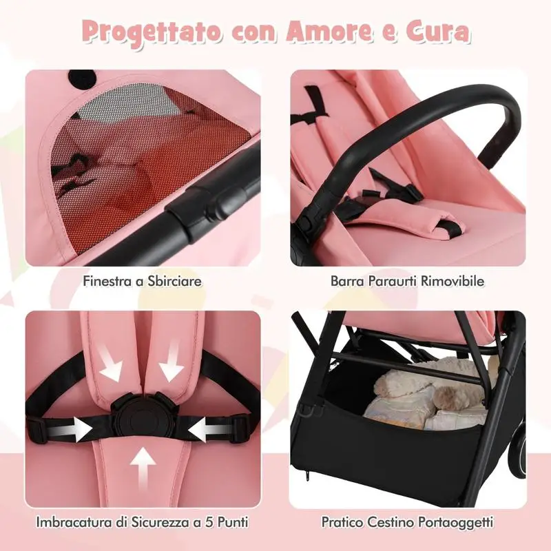 Image 9: Poussette bébé légère pliable d'une seule main, avec dossier inclinable, rose