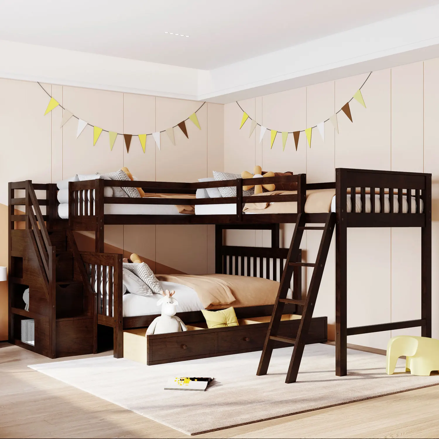 Twin over Full L-Shaped Bunk Bed with 3 Drawers, Espresso Finish