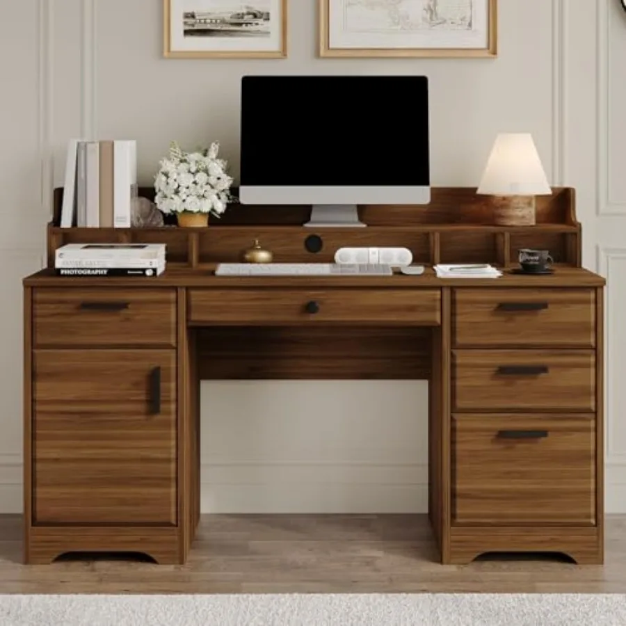 58 Inch Executive Desk with File Drawers and Built-in Storage Cabinet for Home Office Use Rustic Brown Computer Desk with Ample