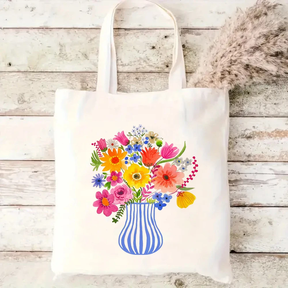 Watercolor Wildflower Vase Bouquet Print Canvas Tote Bag for Daily Shopping, Commute, Travel, Picnics, and Parties.Yoga bag