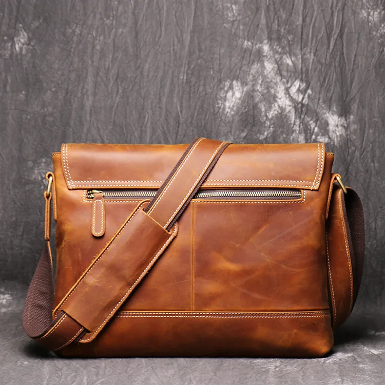 Men's vintage and aged genuine leather single-shoulder, crazy horse leather crossbody bag, large-capacity briefcase