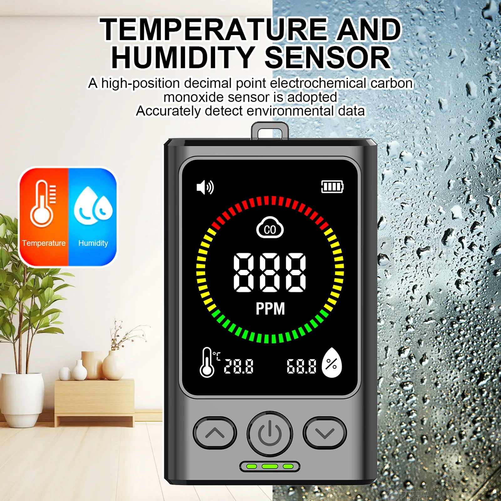 3-in-1 Koolmonoxide Detector Oplaadbare Temp Vochtigheid Monitor met LCD Display CO Alarm Detector voor Home Hotel RV