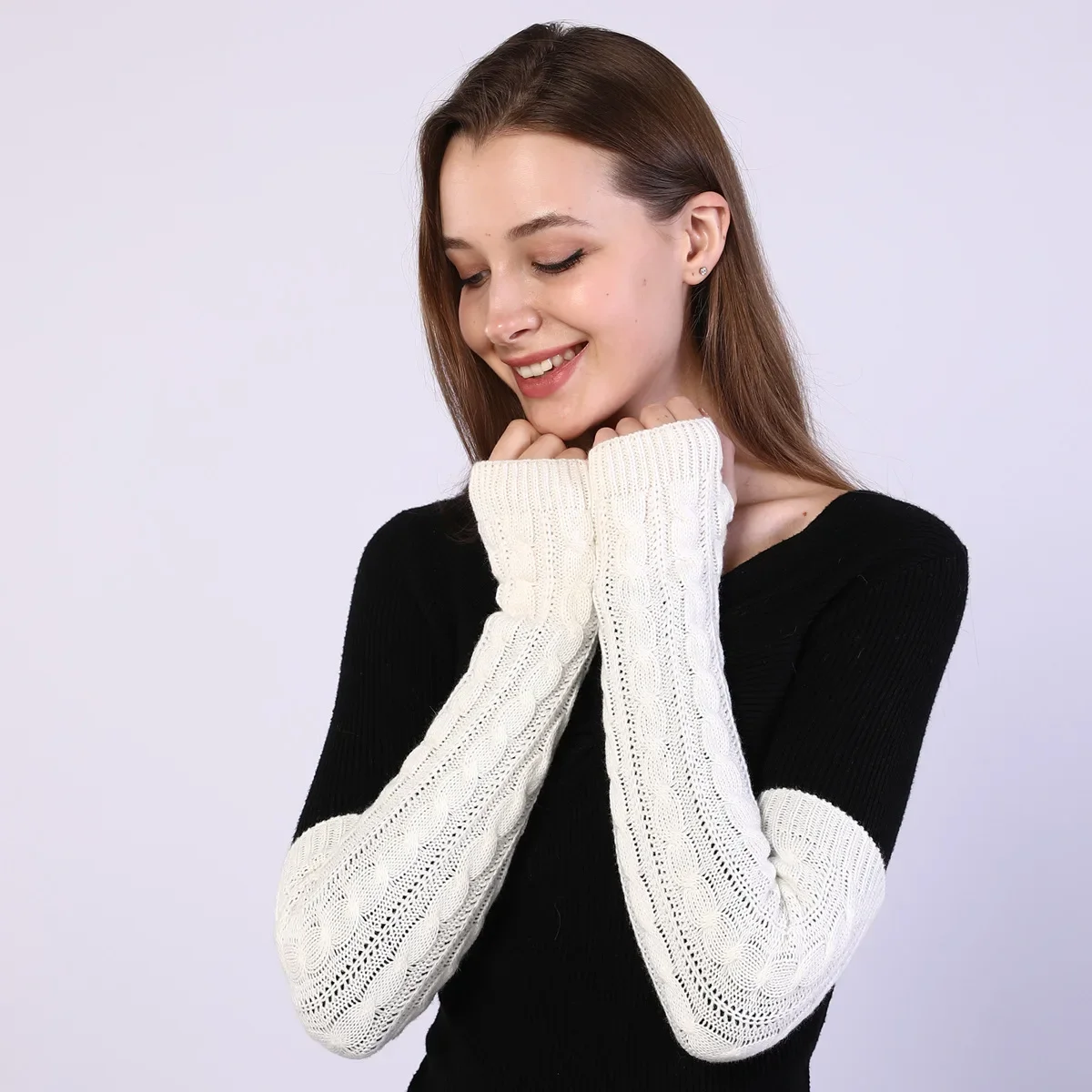 Women\'s Autumn Winter Woolen Fingerless Gloves Long Knitting Warm Cover Arm Warmers Sleeve for Women